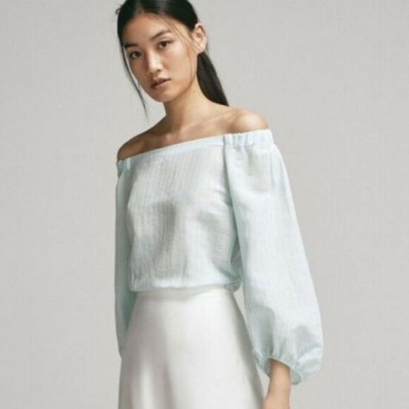 Massimo Dutti Mint & White Striped Viscose Linen Cotton Top, Size 8 - Picture 8 of 9